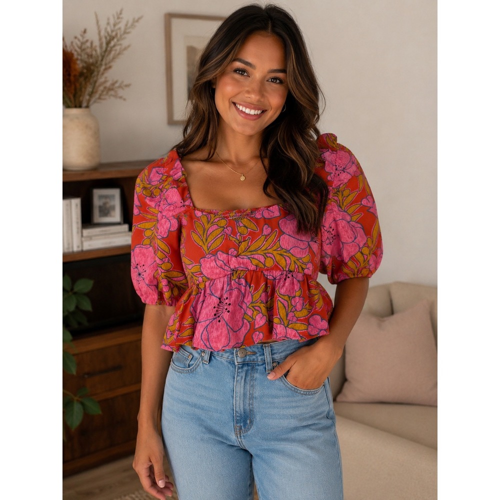 Dee Elly Pink Orange Floral Puff Sleeve Peplum Top XS Smocked Back festival boho